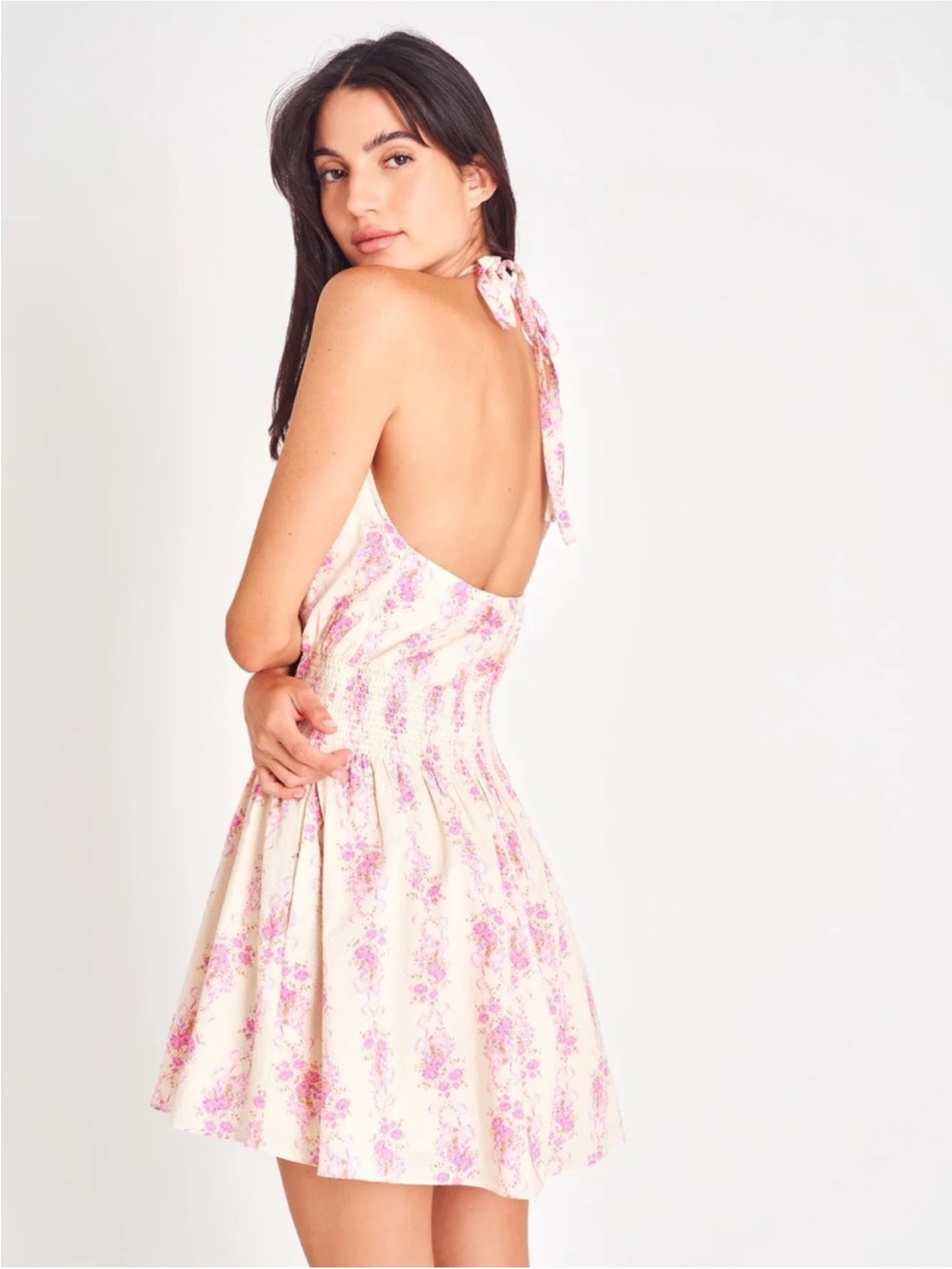 LoveShackFancy Destiny Pink Cream Floral Halter Mini Dress